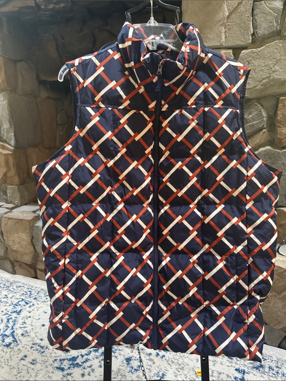 Lands' End Navy Quilted Plaid Puffer Vest with Orange & White Lattice